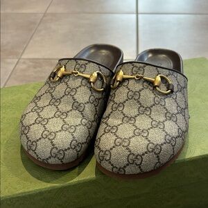 Gucci Beige Monogram Mules with Gold Horsebit